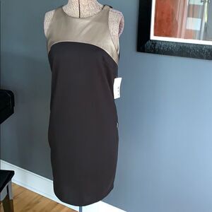 Elsey black knit/bronze vegan leather shift, small